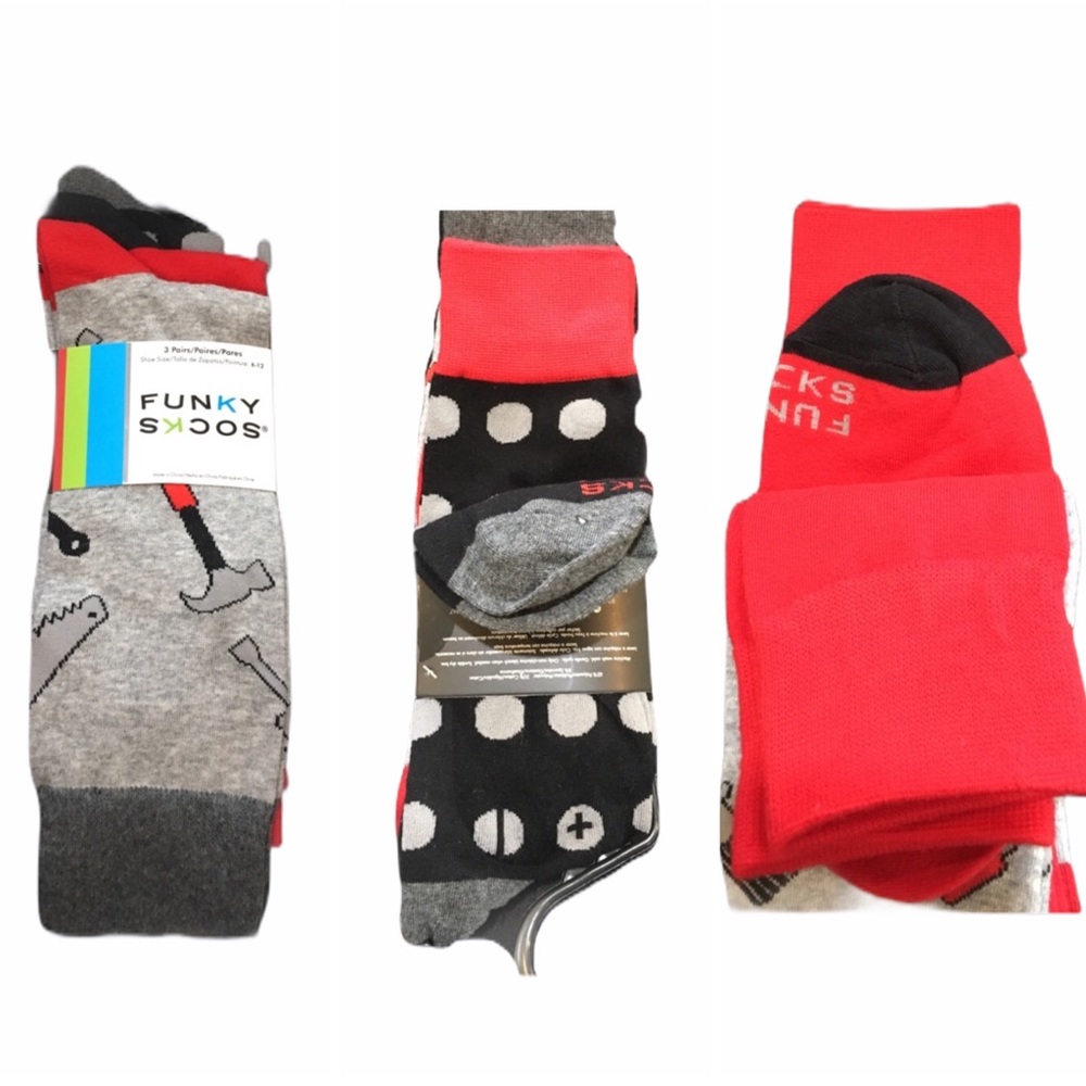 Funky Socks Tool Socks, 3Pack, Gray, Red, Black